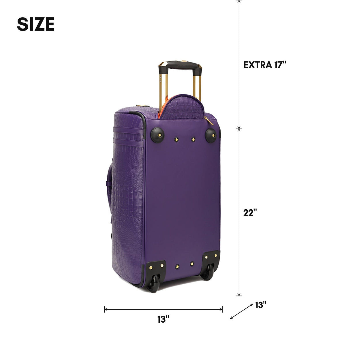 Statement Rolling Duffle Bag in Purple - size, 22 inches tall, 13 x 13 inches, with an extra 17 inch pull-out handle