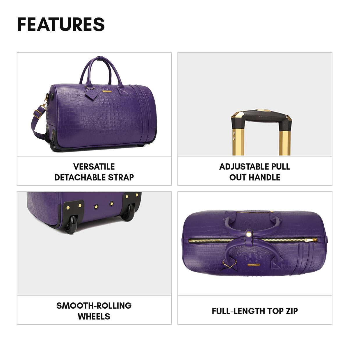Statement Rolling Duffle Bag in Purple - features: detachable strap, adjustable pull-out handle, smooth-rolling wheels and a full-length top zip