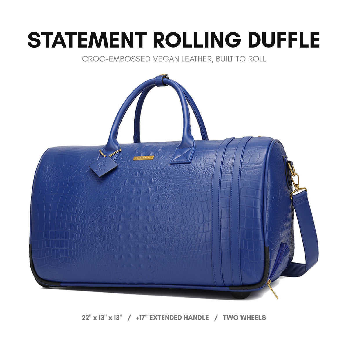 Statement Rolling Duffle Bag in Royal Blue - croc-embossed vegan leather