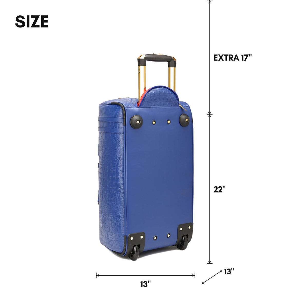 Statement Rolling Duffle Bag in Royal Blue - size, 22 inches tall, 13 x 13 inches, with an extra 17 inch pull-out handle