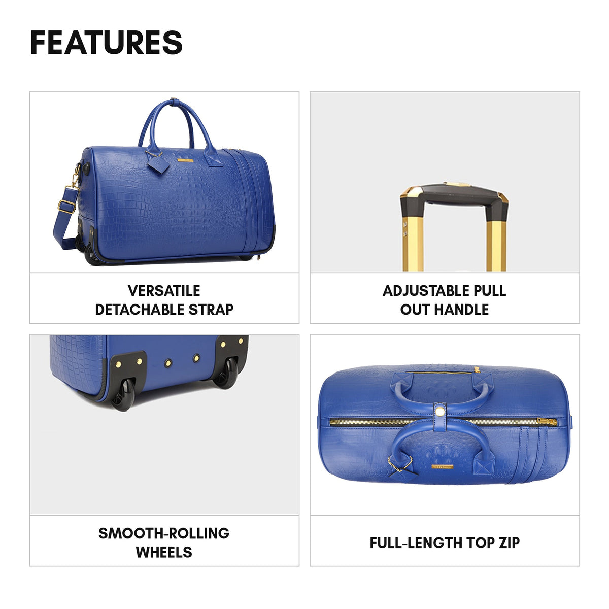 Statement Rolling Duffle Bag in Royal Blue - features: detachable strap, adjustable pull-out handle, smooth-rolling wheels and a full-length top zip