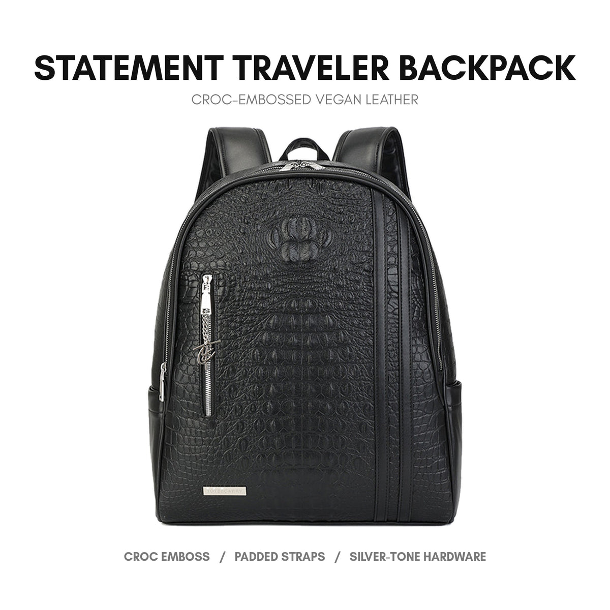 Statement Traveler Backpack in Black - premium vegan leather, deep crocodile emboss, adjustable padded straps