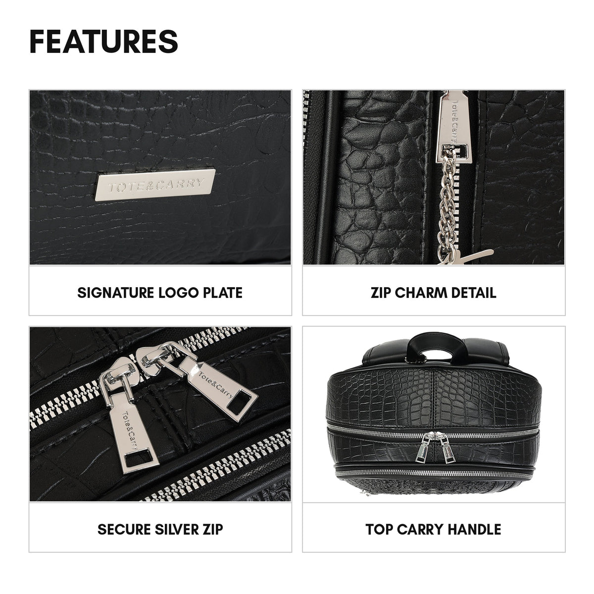 Statement Traveler Backpack in Black - features: signature logo plate, zip charm detail, secure silver zip, top carry handle