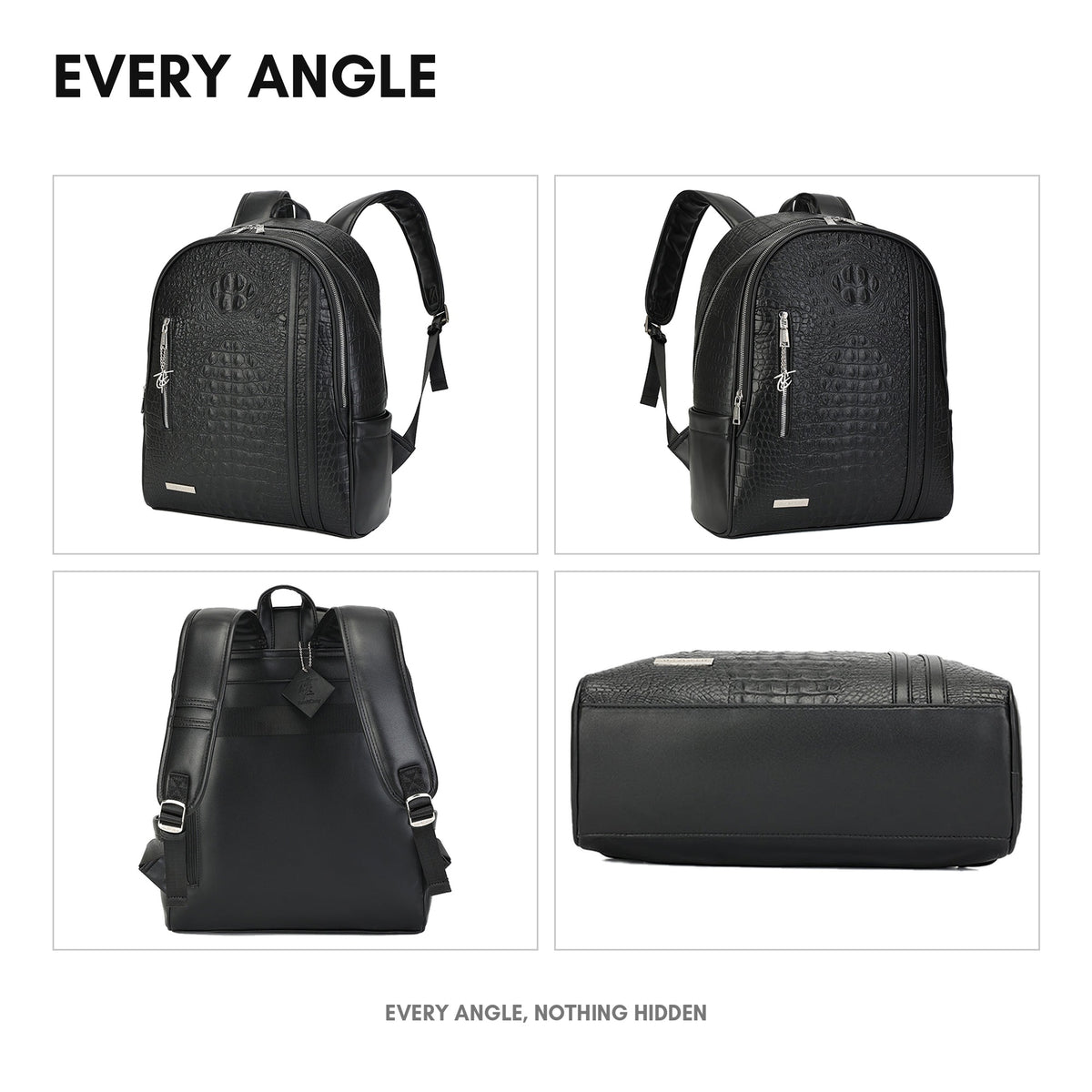Statement Traveler Backpack in Black - every angle: front, side, back and interior