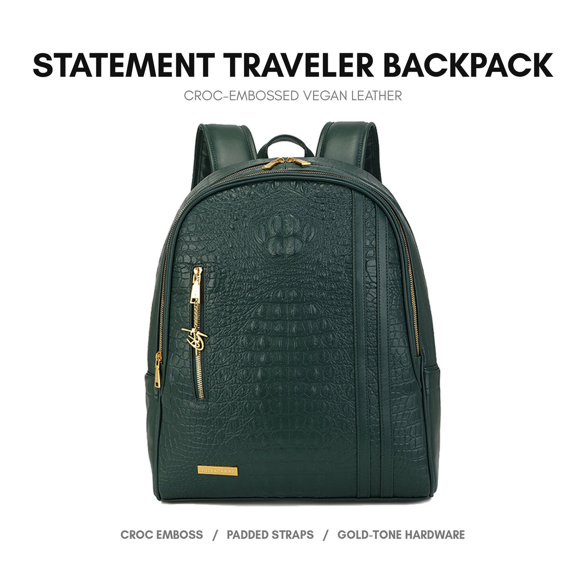 Statement Traveler Backpack in Emerald Green - premium vegan leather, deep crocodile emboss, adjustable padded straps