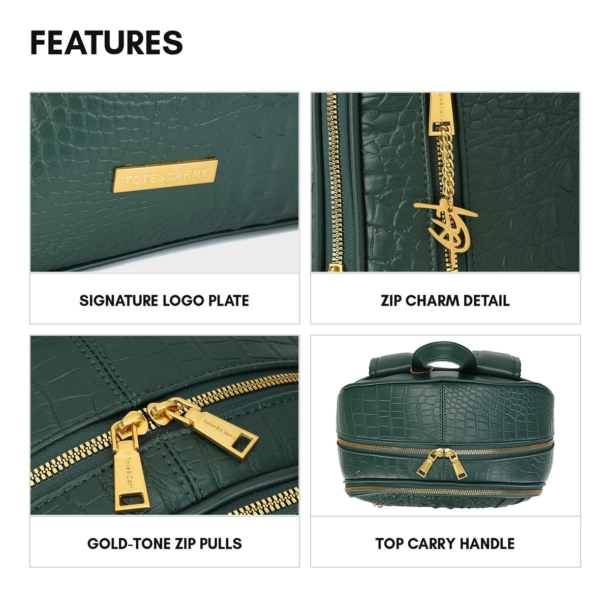 Statement Traveler Backpack in Emerald Green - features: signature logo plate, zip charm detail, gold-tone zip pulls, top carry handle
