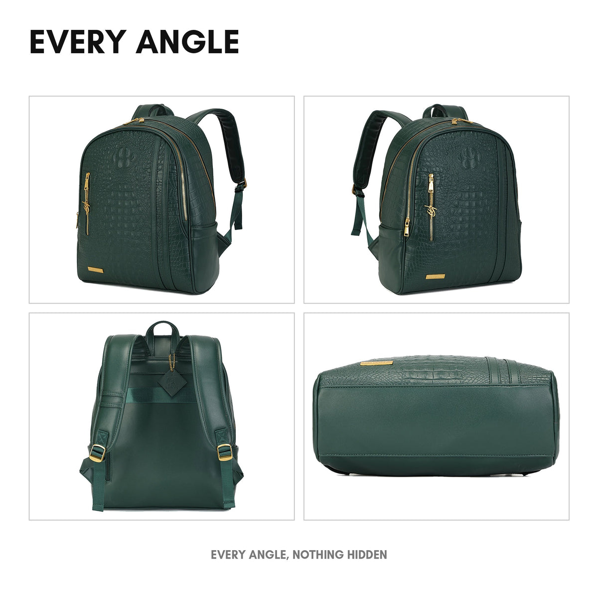 Statement Traveler Backpack in Emerald Green - every angle: front, side, back and interior