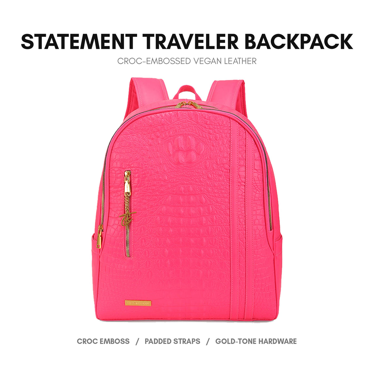 Statement Traveler Backpack in Neon Pink - premium vegan leather, deep crocodile emboss, adjustable padded straps