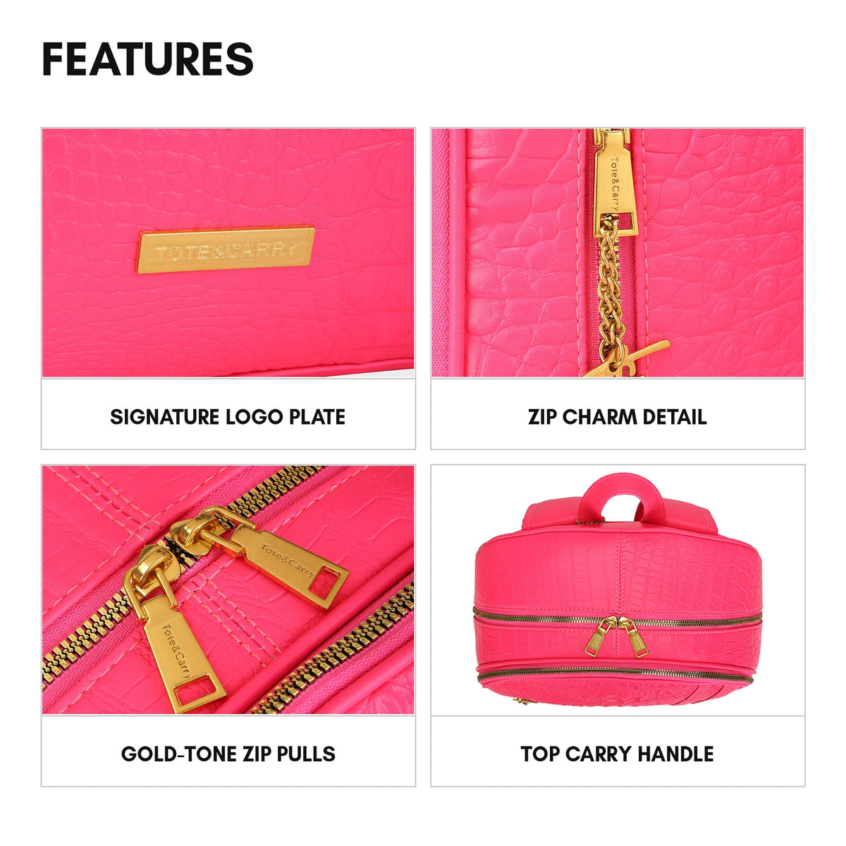 Statement Traveler Backpack in Neon Pink - features: signature logo plate, zip charm detail, gold-tone zip pulls, top carry handle