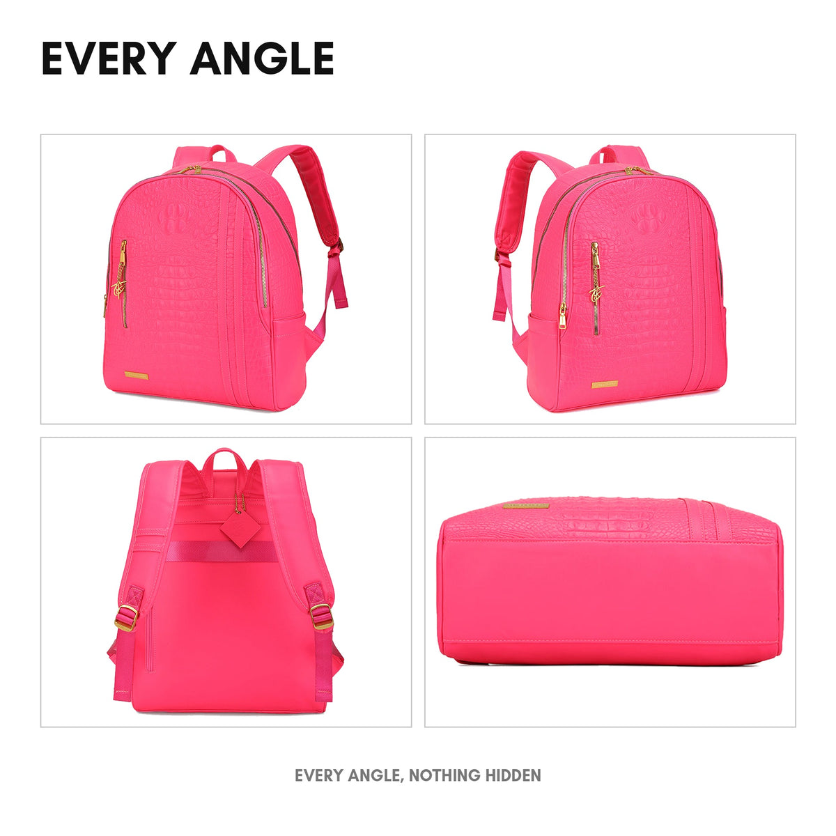 Statement Traveler Backpack in Neon Pink - every angle: front, side, back and interior