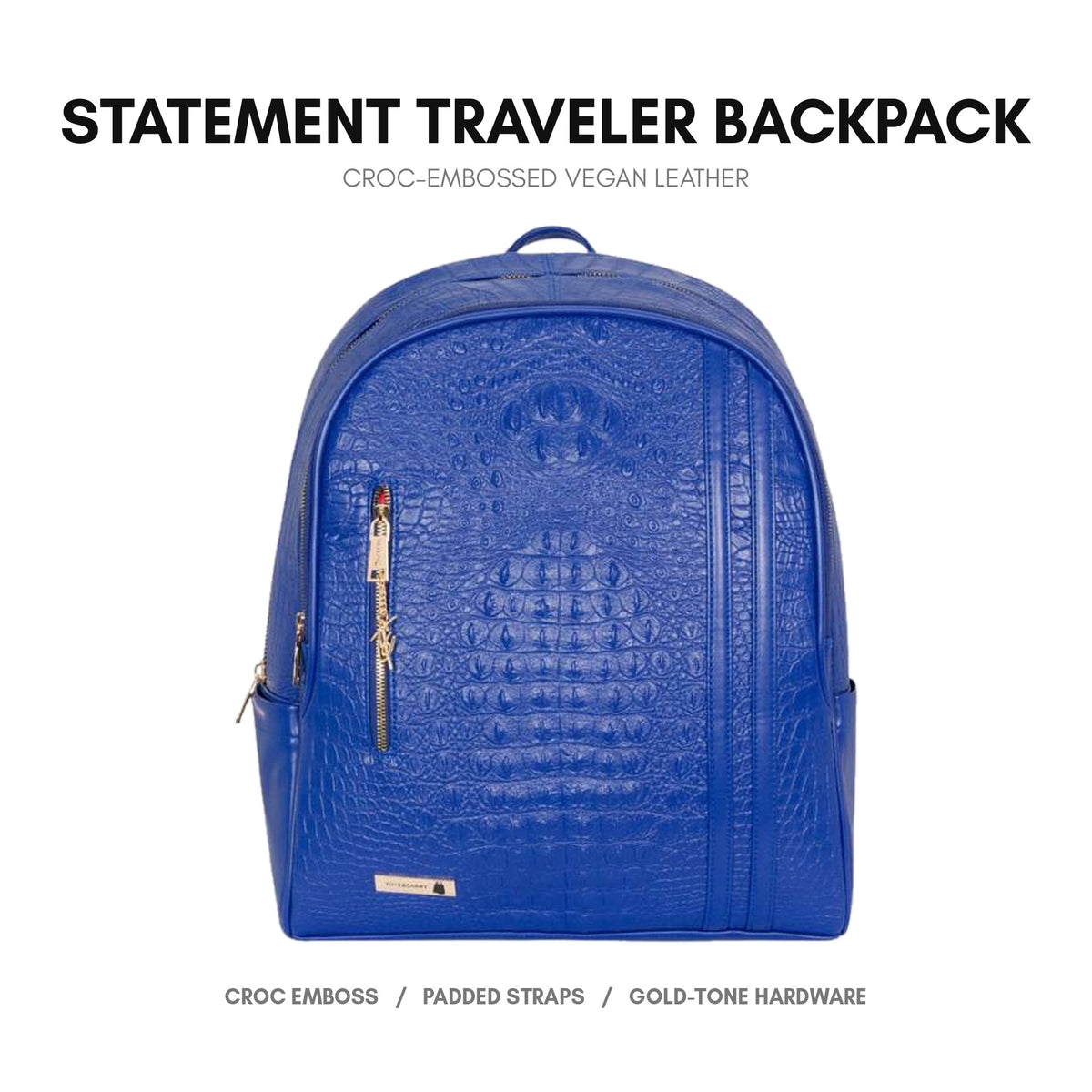 Statement Traveler Backpack in Royal Blue - premium vegan leather, deep crocodile emboss, adjustable padded straps