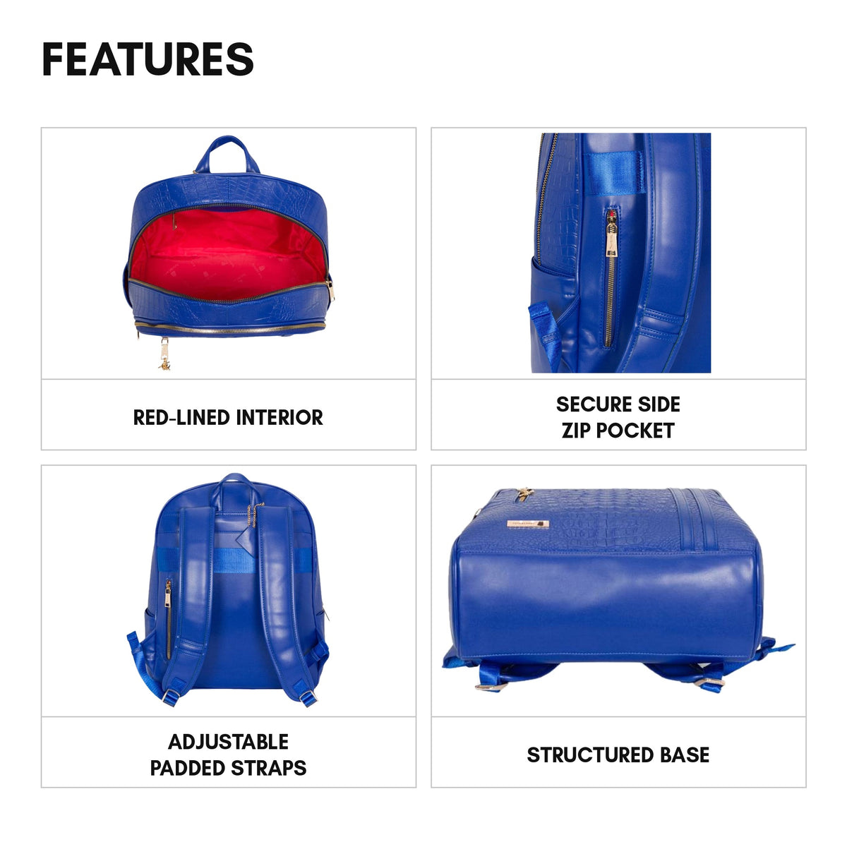 Statement Traveler Backpack in Royal Blue - features: red-lined interior, secure side zip pocket, adjustable padded straps, structured base