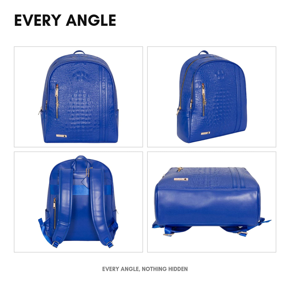 Statement Traveler Backpack in Royal Blue - every angle: front, side, back and interior