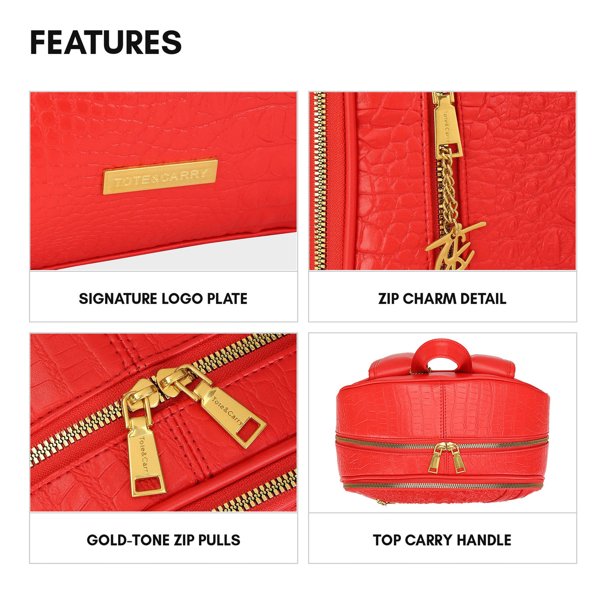 Statement Traveler Backpack in Red - features: signature logo plate, zip charm detail, gold-tone zip pulls, top carry handle