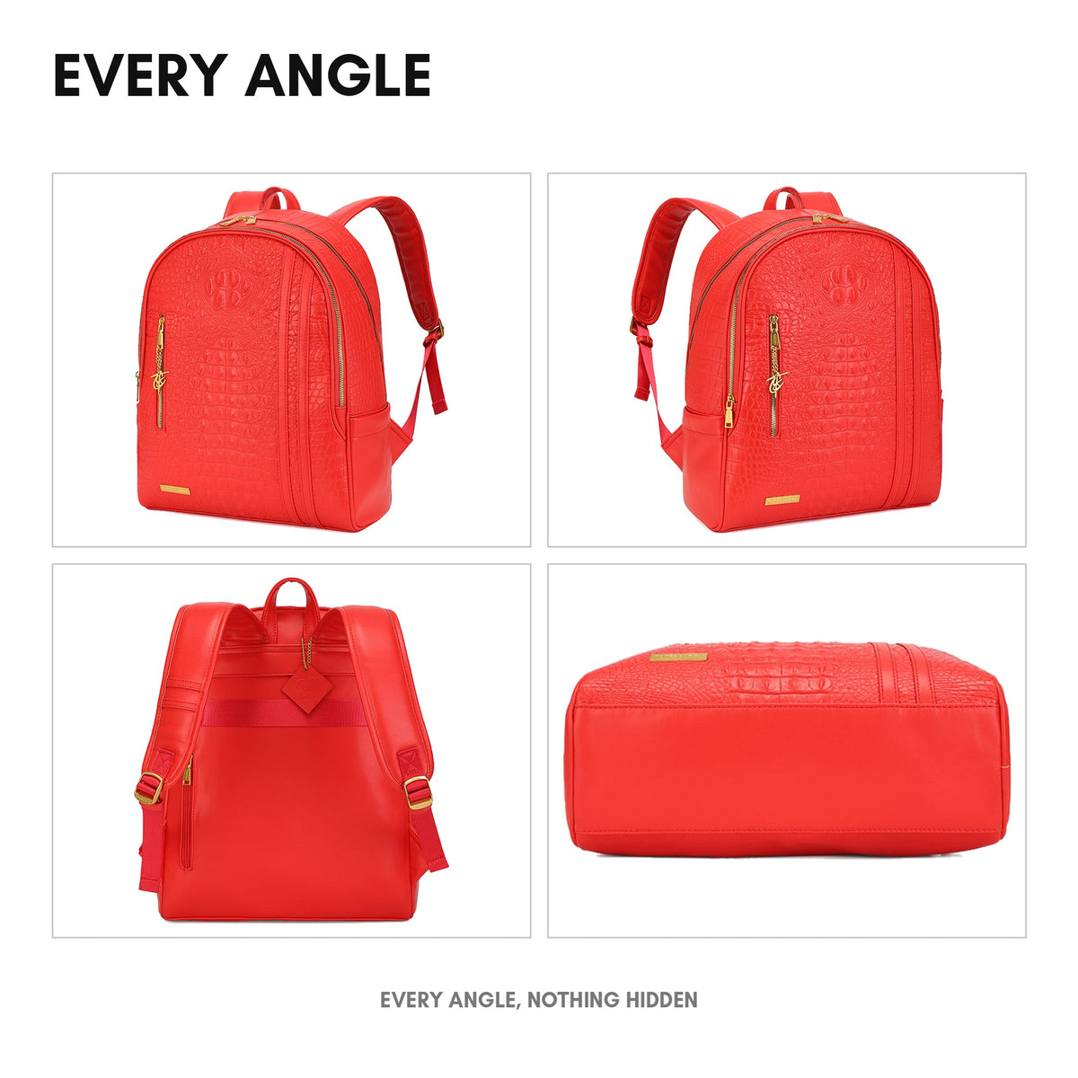 Statement Traveler Backpack in Red - every angle: front, side, back and interior