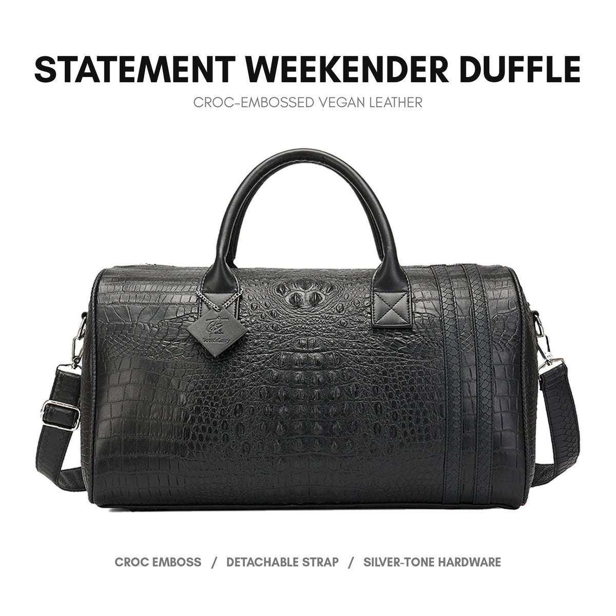 Statement Weekender Duffle Bag in Black - deep crocodile emboss on premium vegan leather, silver-tone hardware