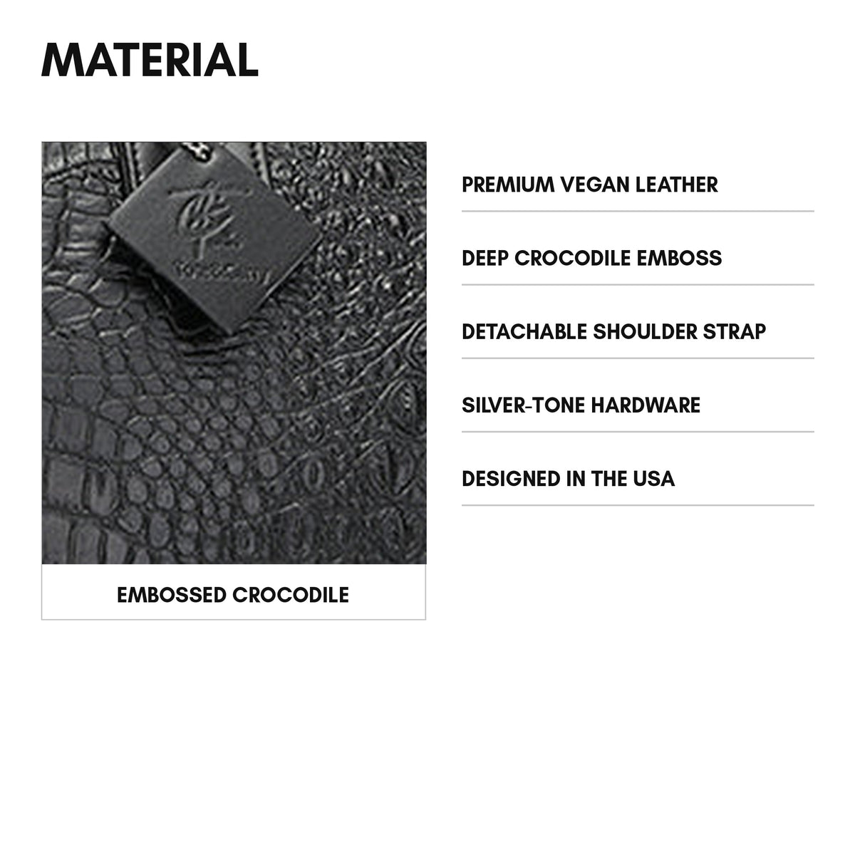 Statement Weekender Duffle Bag in Black - material: deep crocodile emboss on premium vegan leather, silver-tone hardware