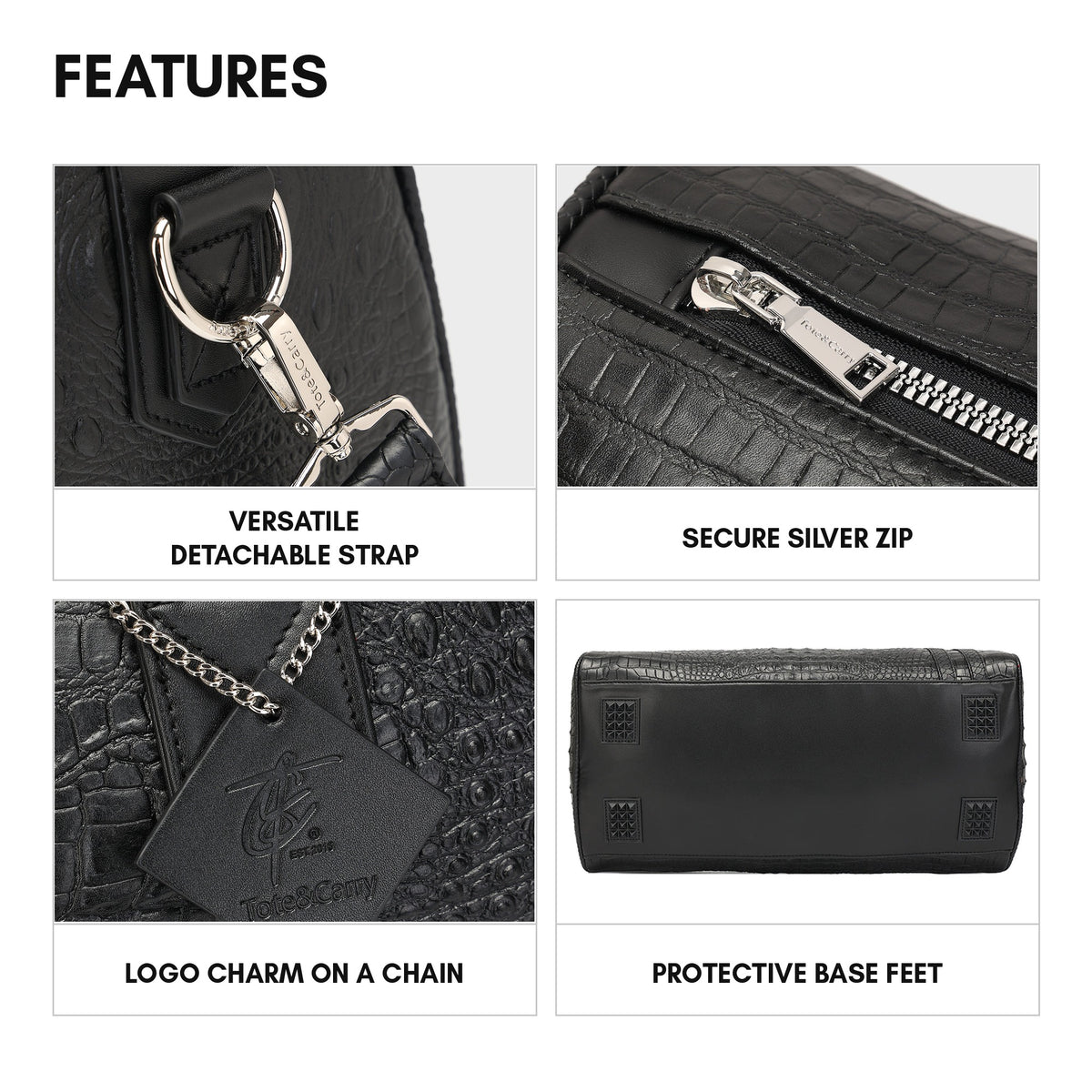 Statement Weekender Duffle Bag in Black - features: detachable strap, secure silver zip, logo charm on a chain and protective base feet