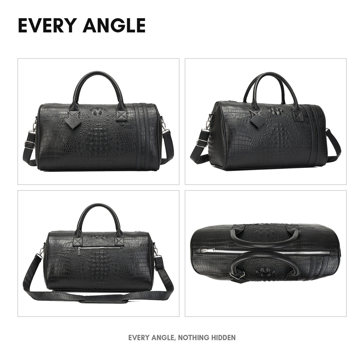 Statement Weekender Duffle Bag in Black - every angle: front, side, back and top-down