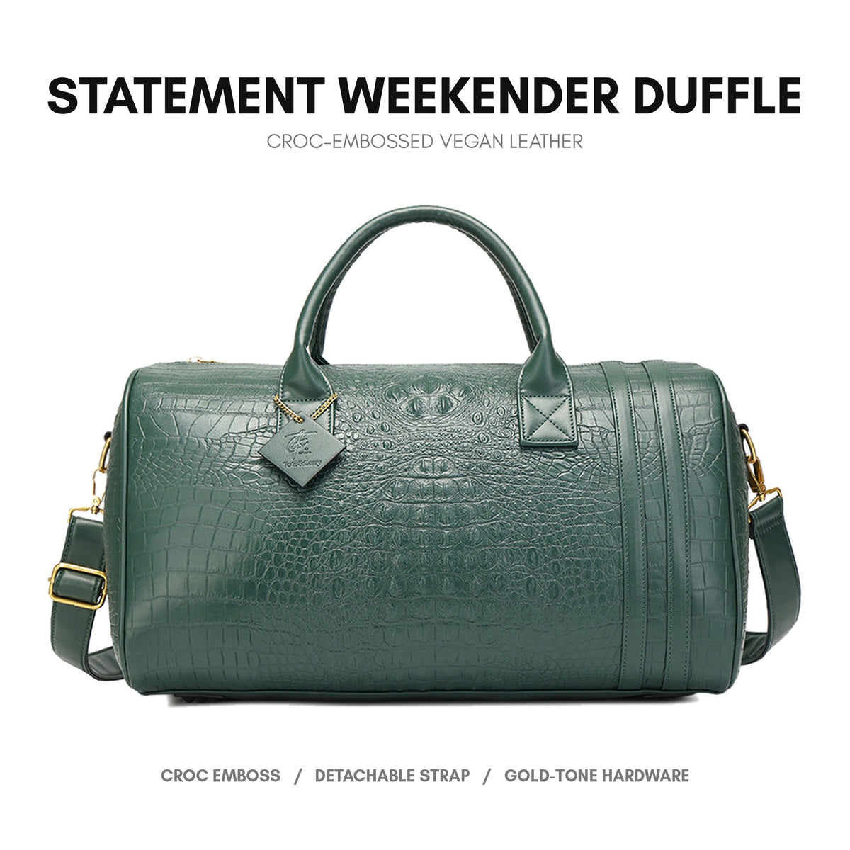 Statement Weekender Duffle Bag in Emerald Green - deep crocodile emboss on premium vegan leather, gold-tone hardware