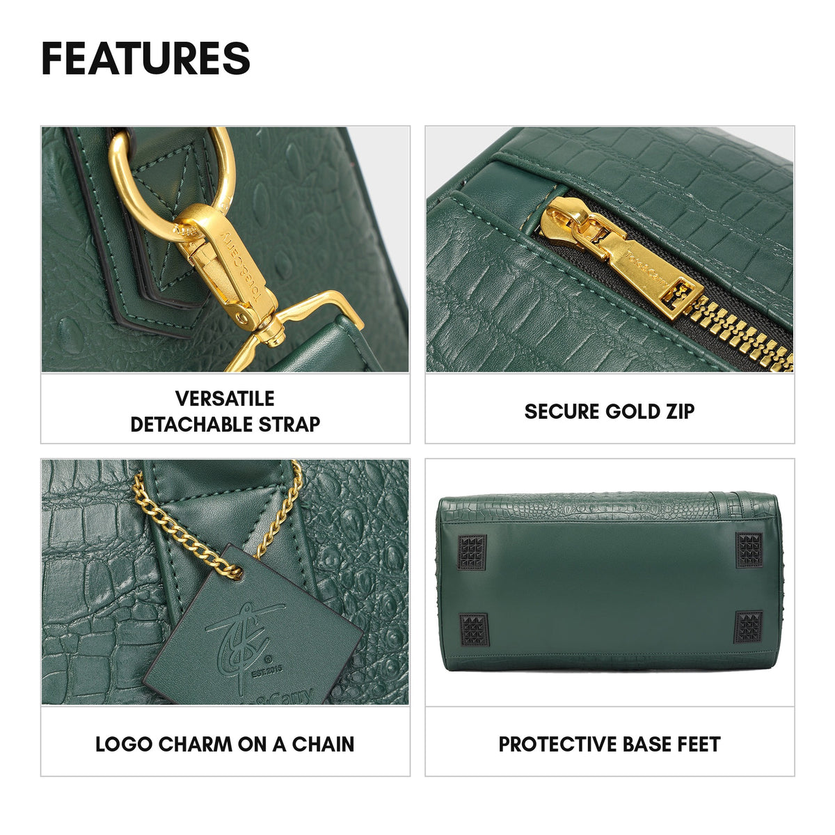 Statement Weekender Duffle Bag in Emerald Green - features: detachable strap, secure gold zip, logo charm on a chain and protective base feet