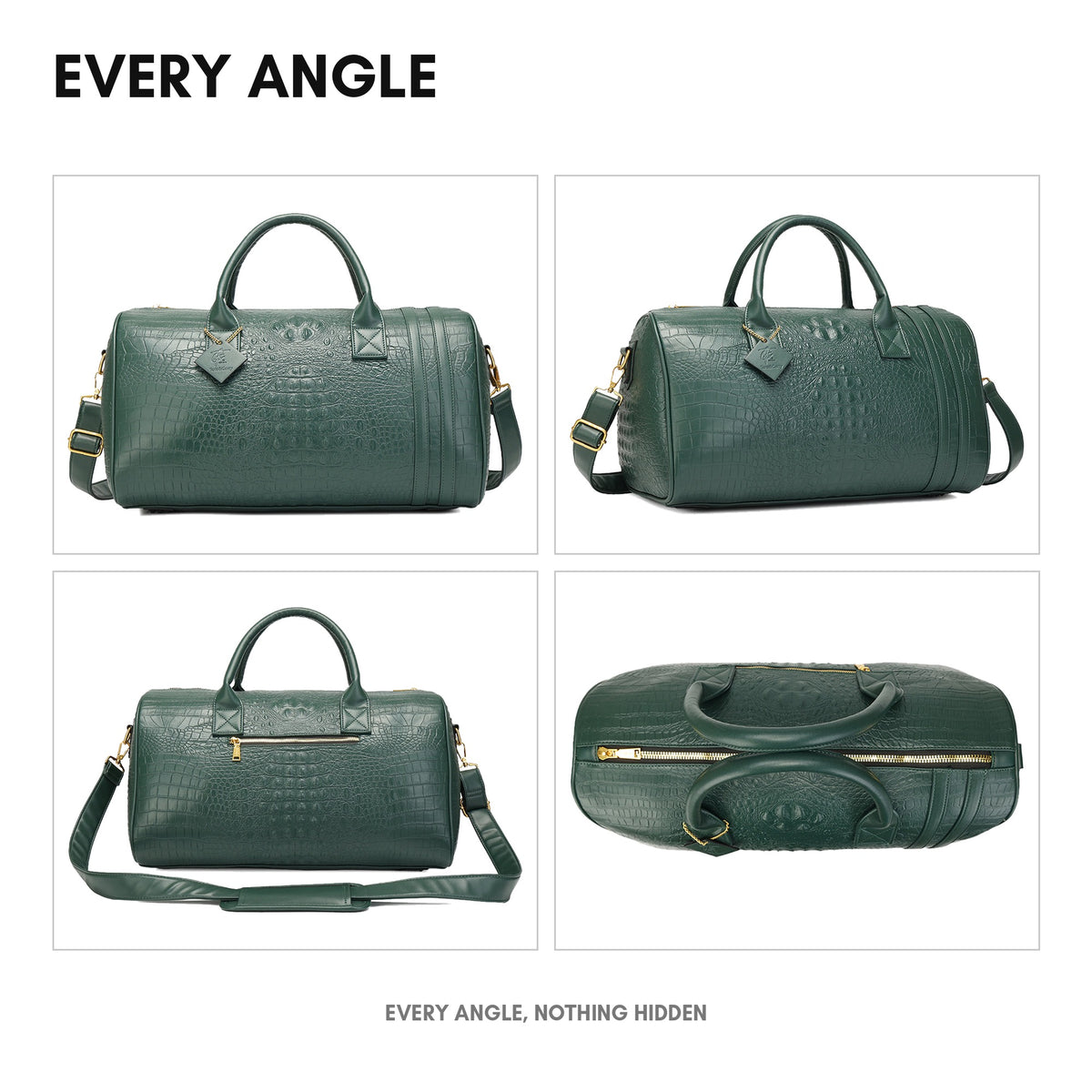 Statement Weekender Duffle Bag in Emerald Green - every angle: front, side, back and top-down