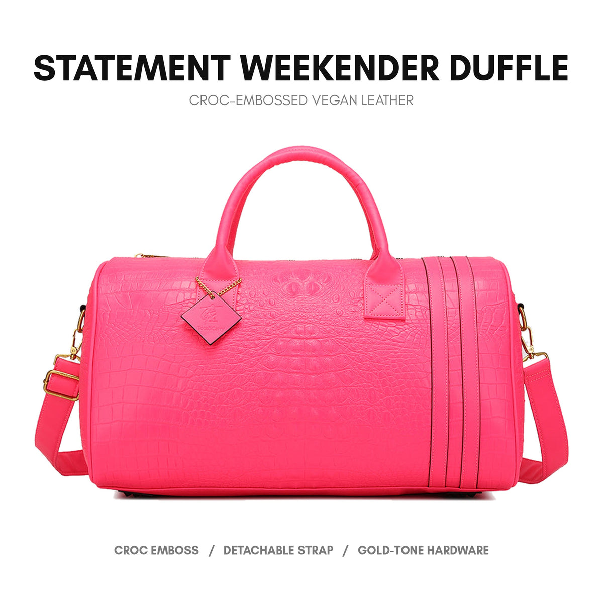 Statement Weekender Duffle Bag in Neon Pink - deep crocodile emboss on premium vegan leather, gold-tone hardware