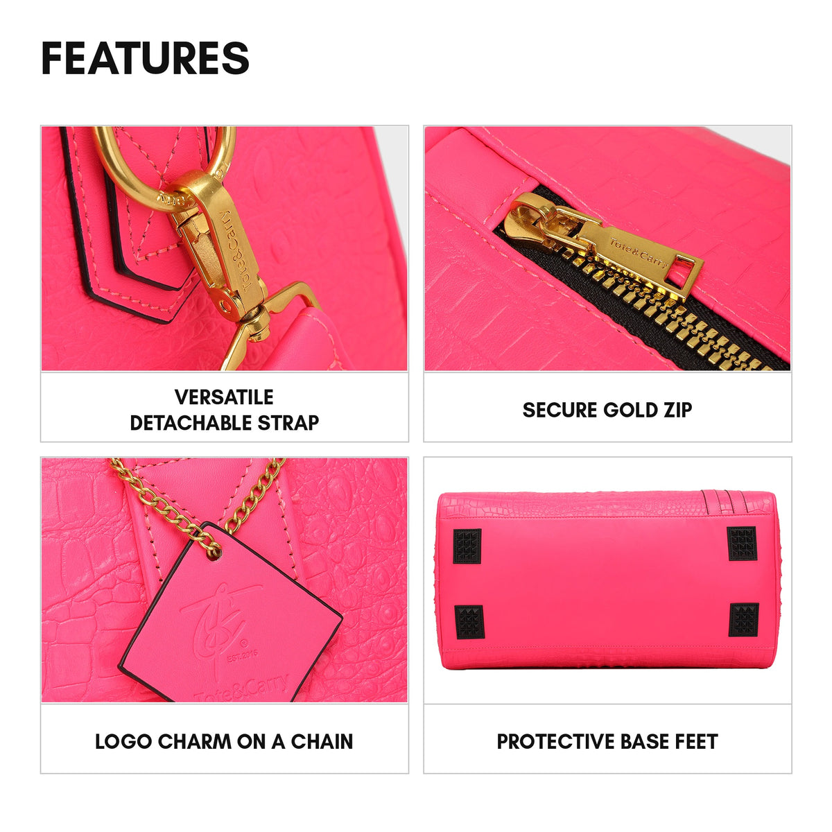 Statement Weekender Duffle Bag in Neon Pink - features: detachable strap, secure gold zip, logo charm on a chain and protective base feet