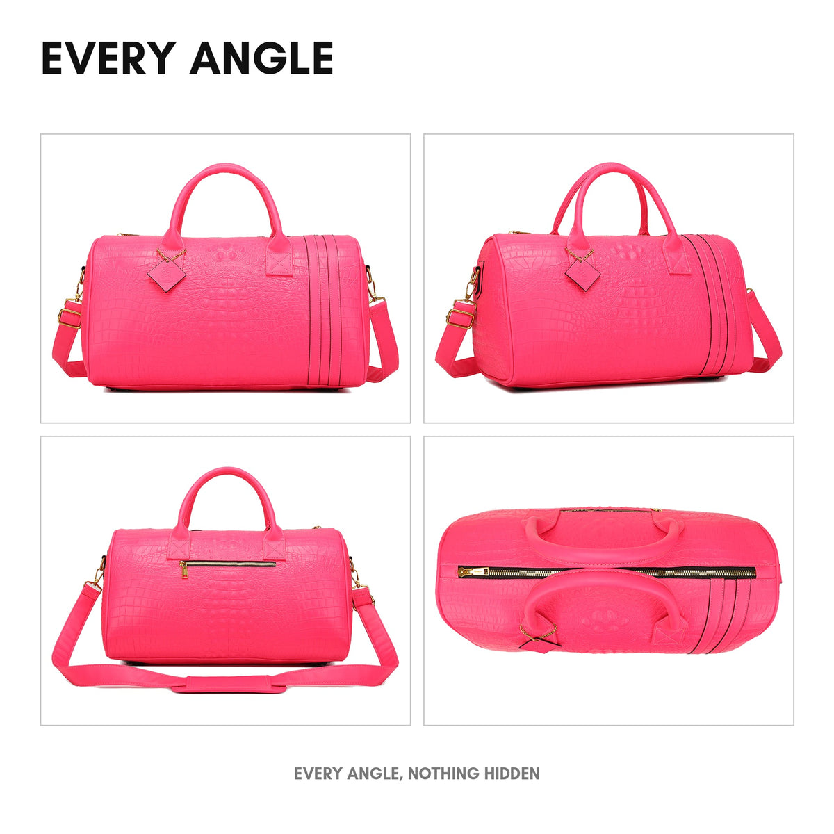 Statement Weekender Duffle Bag in Neon Pink - every angle: front, side, back and top-down
