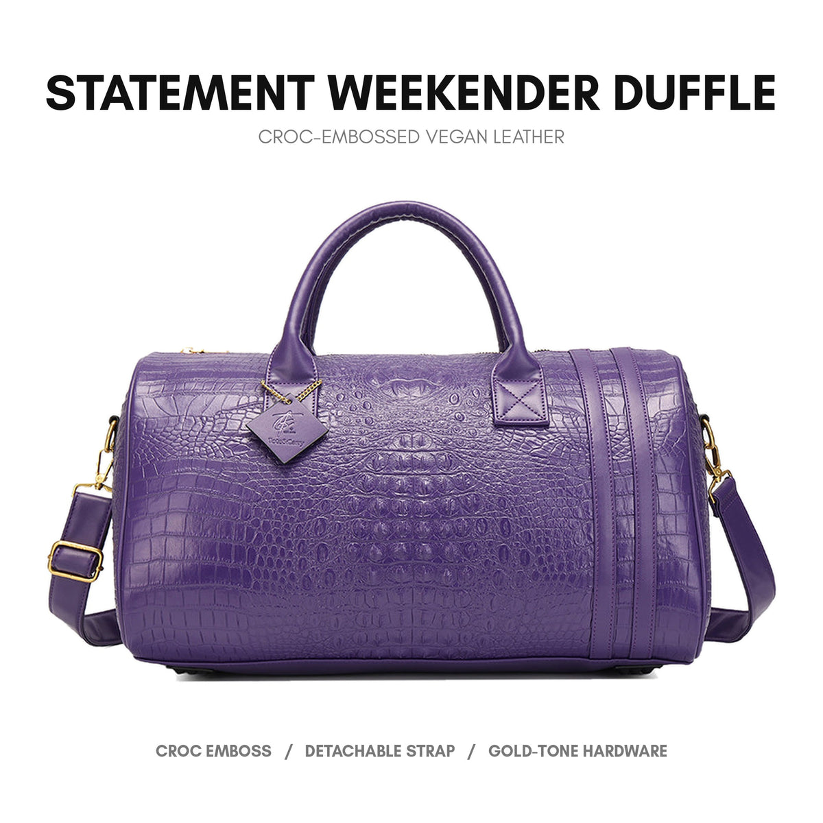 Statement Weekender Duffle Bag in Purple - deep crocodile emboss on premium vegan leather, gold-tone hardware