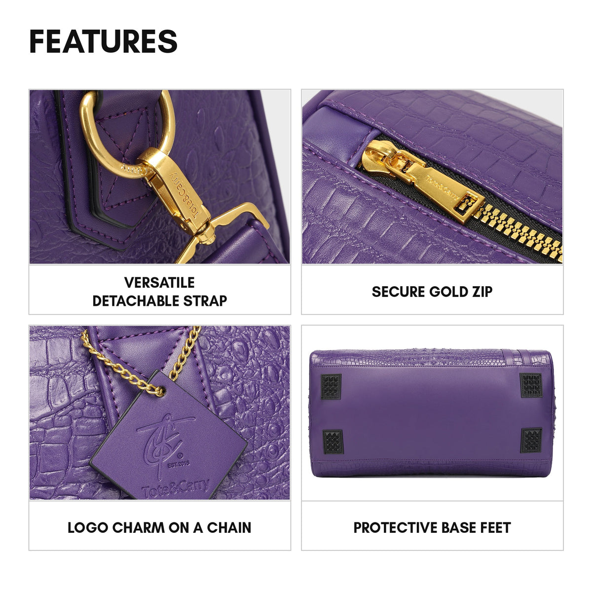 Statement Weekender Duffle Bag in Purple - features: detachable strap, secure gold zip, logo charm on a chain and protective base feet