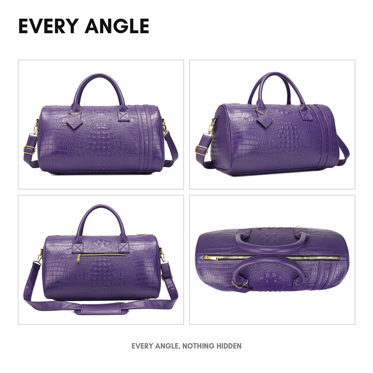 Statement Weekender Duffle Bag in Purple - every angle: front, side, back and top-down