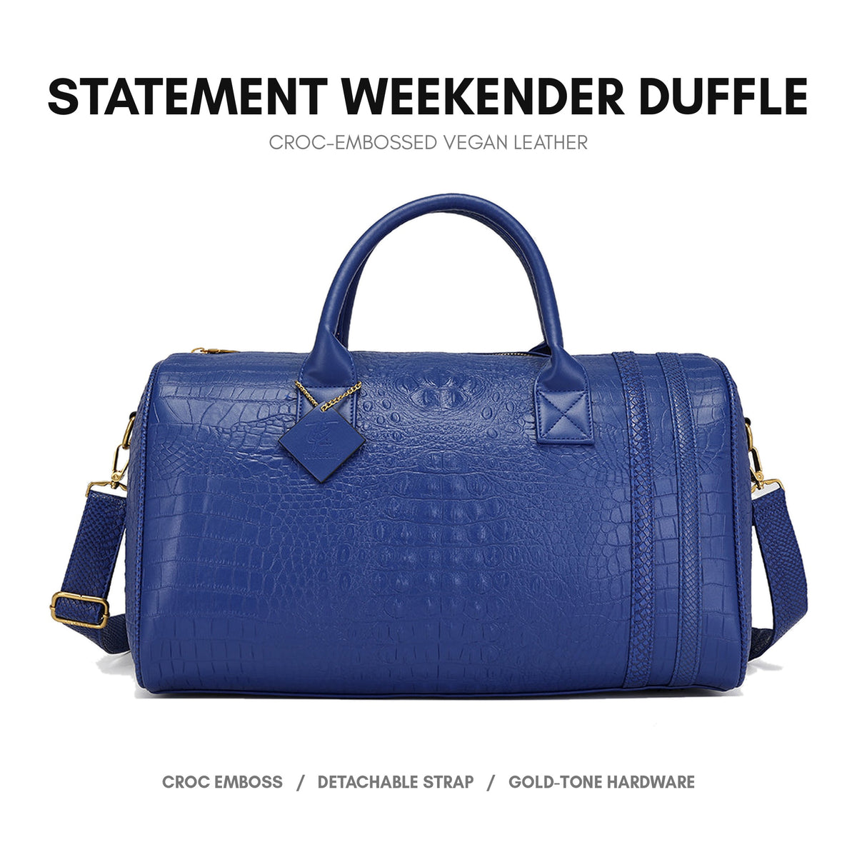 Statement Weekender Duffle Bag in Royal Blue - deep crocodile emboss on premium vegan leather, gold-tone hardware