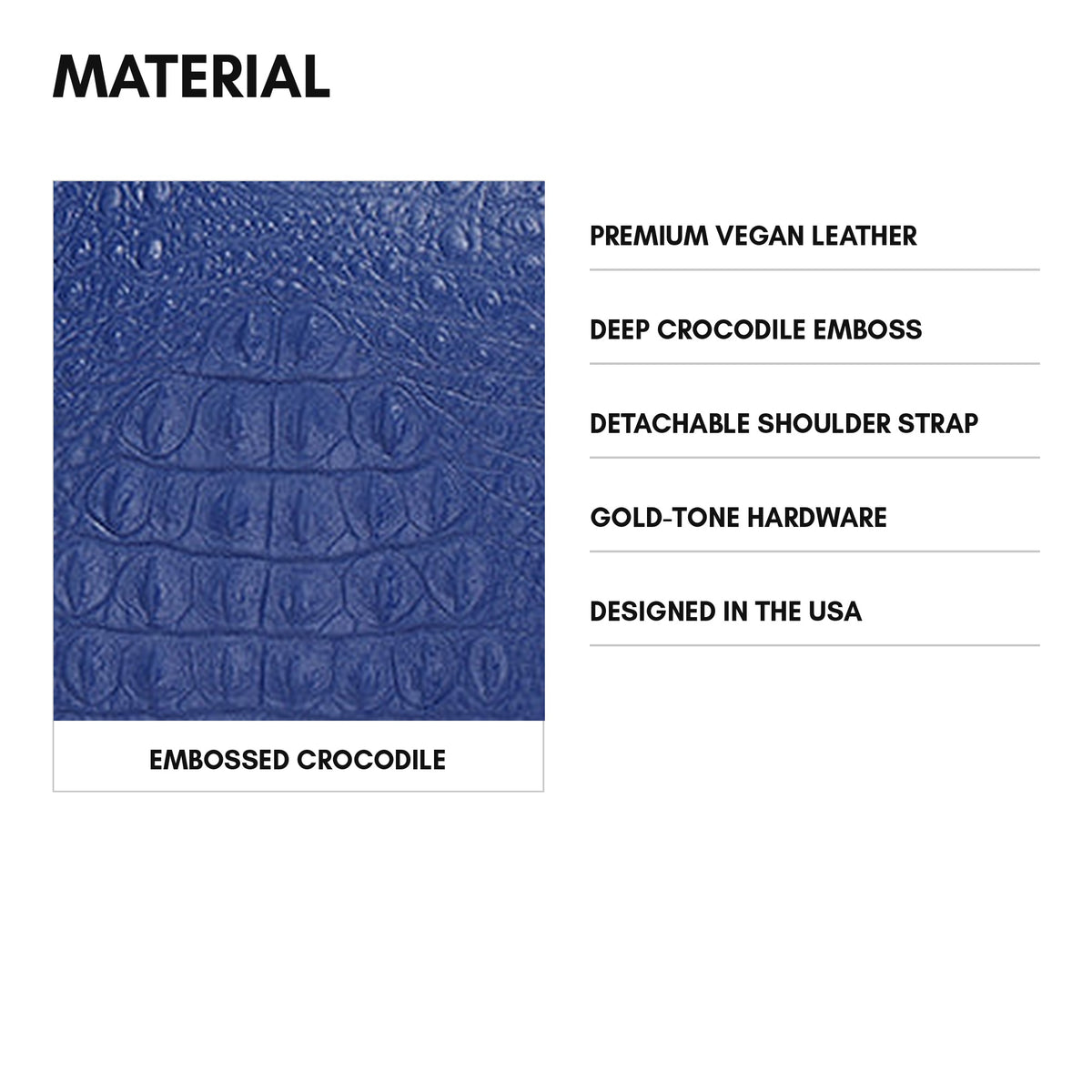 Statement Weekender Duffle Bag in Royal Blue - material: deep crocodile emboss on premium vegan leather, gold-tone hardware