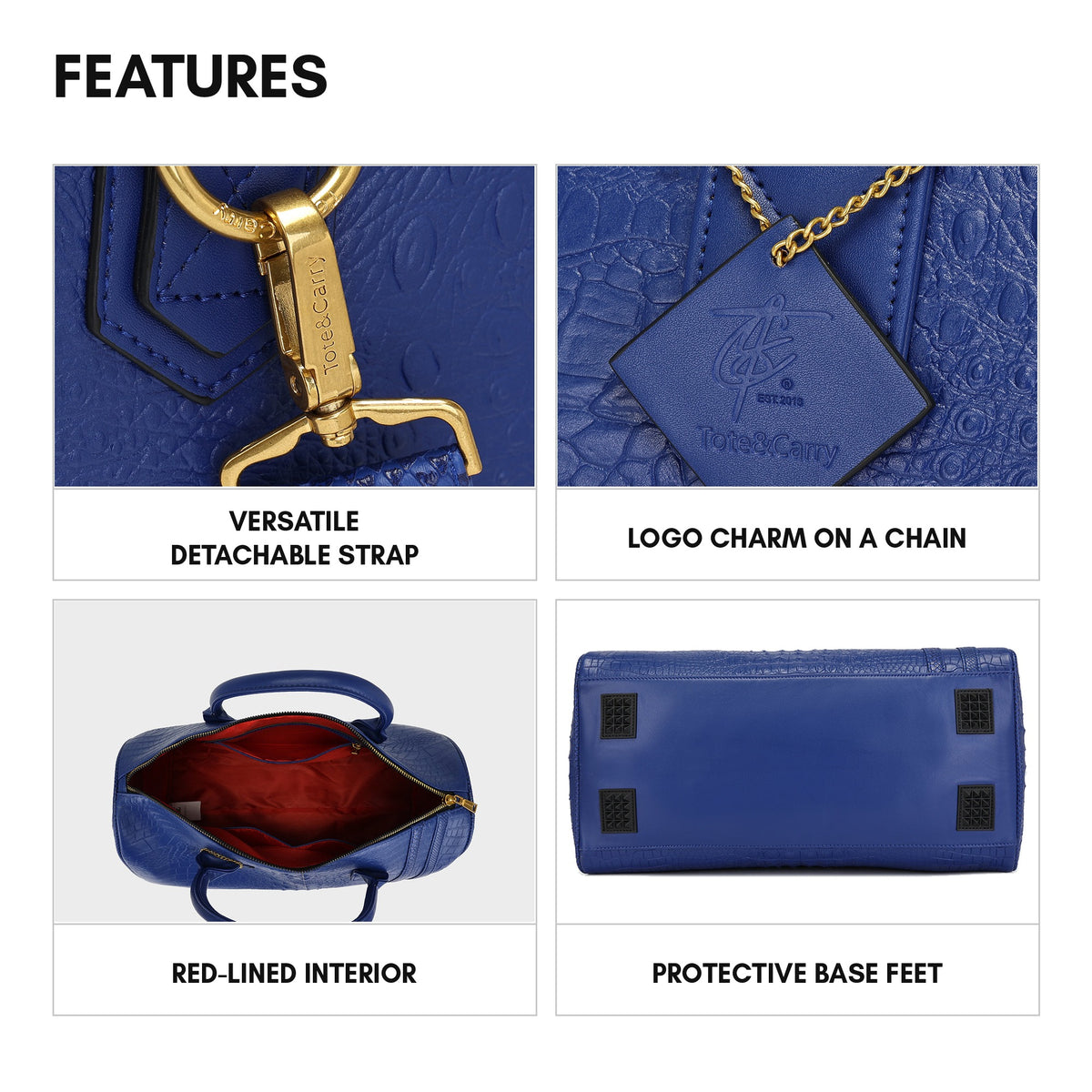 Statement Weekender Duffle Bag in Royal Blue - features: detachable strap, logo charm on a chain, red-lined interior and protective base feet