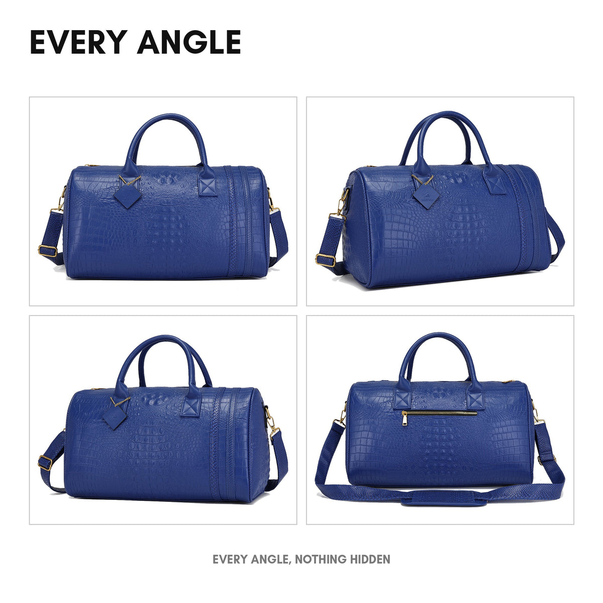 Statement Weekender Duffle Bag in Royal Blue - every angle: front, side, back and top-down