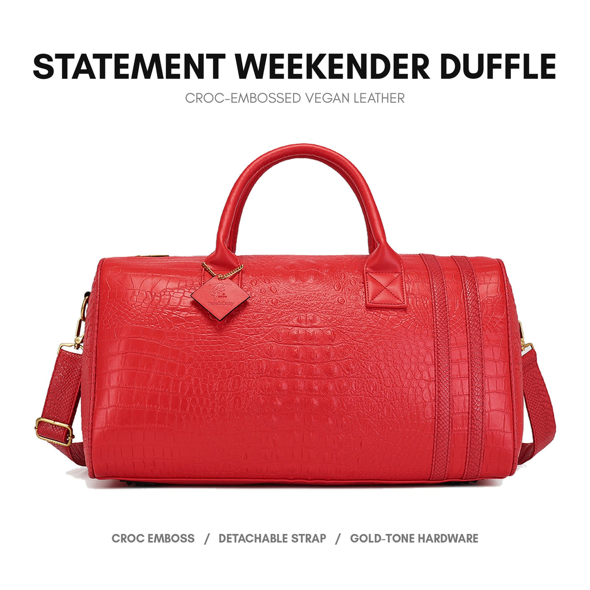 Statement Weekender Duffle Bag in Red - deep crocodile emboss on premium vegan leather, gold-tone hardware