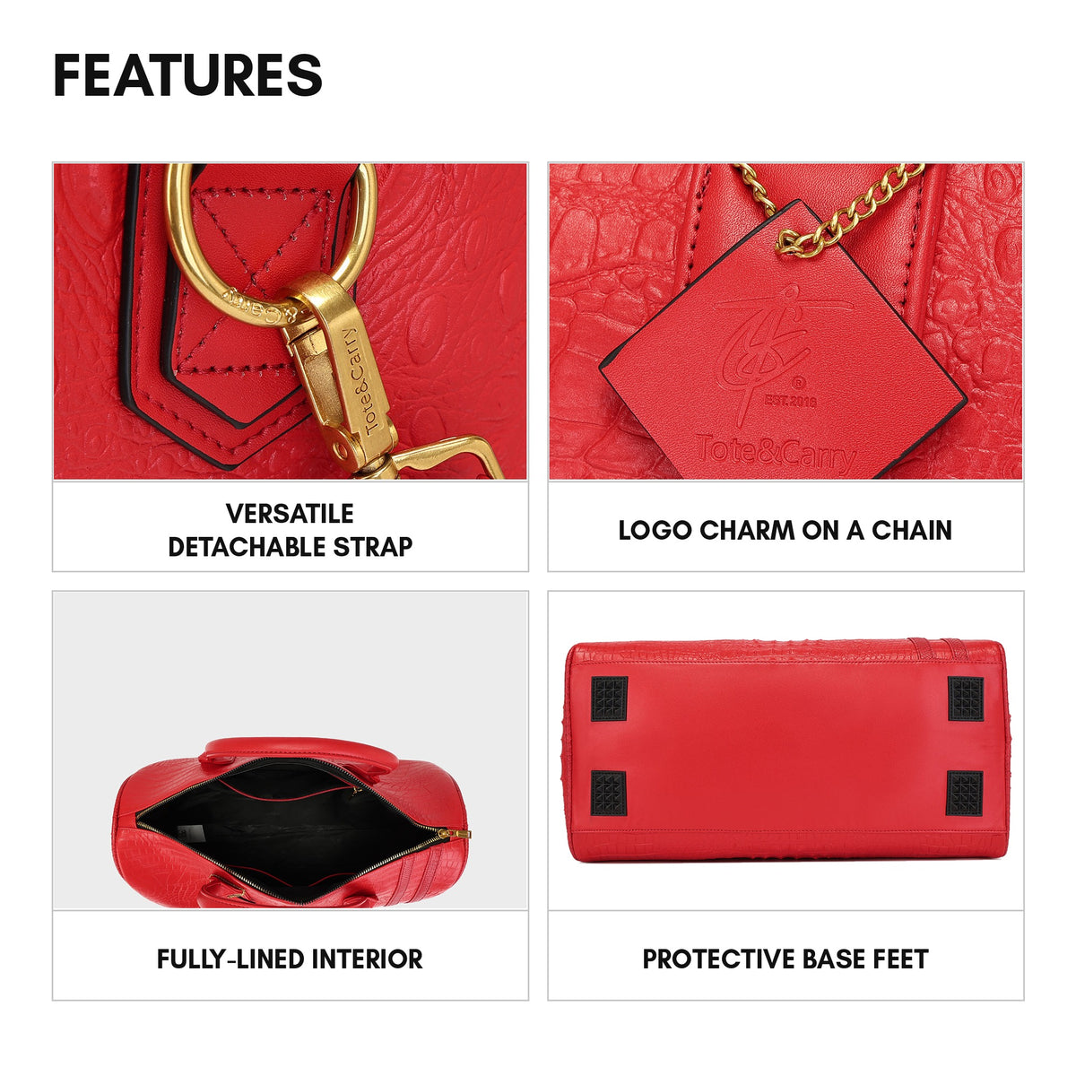 Statement Weekender Duffle Bag in Red - features: detachable strap, logo charm on a chain, fully-lined interior and protective base feet
