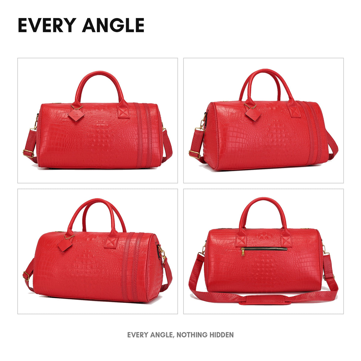 Statement Weekender Duffle Bag in Red - every angle: front, side, back and top-down