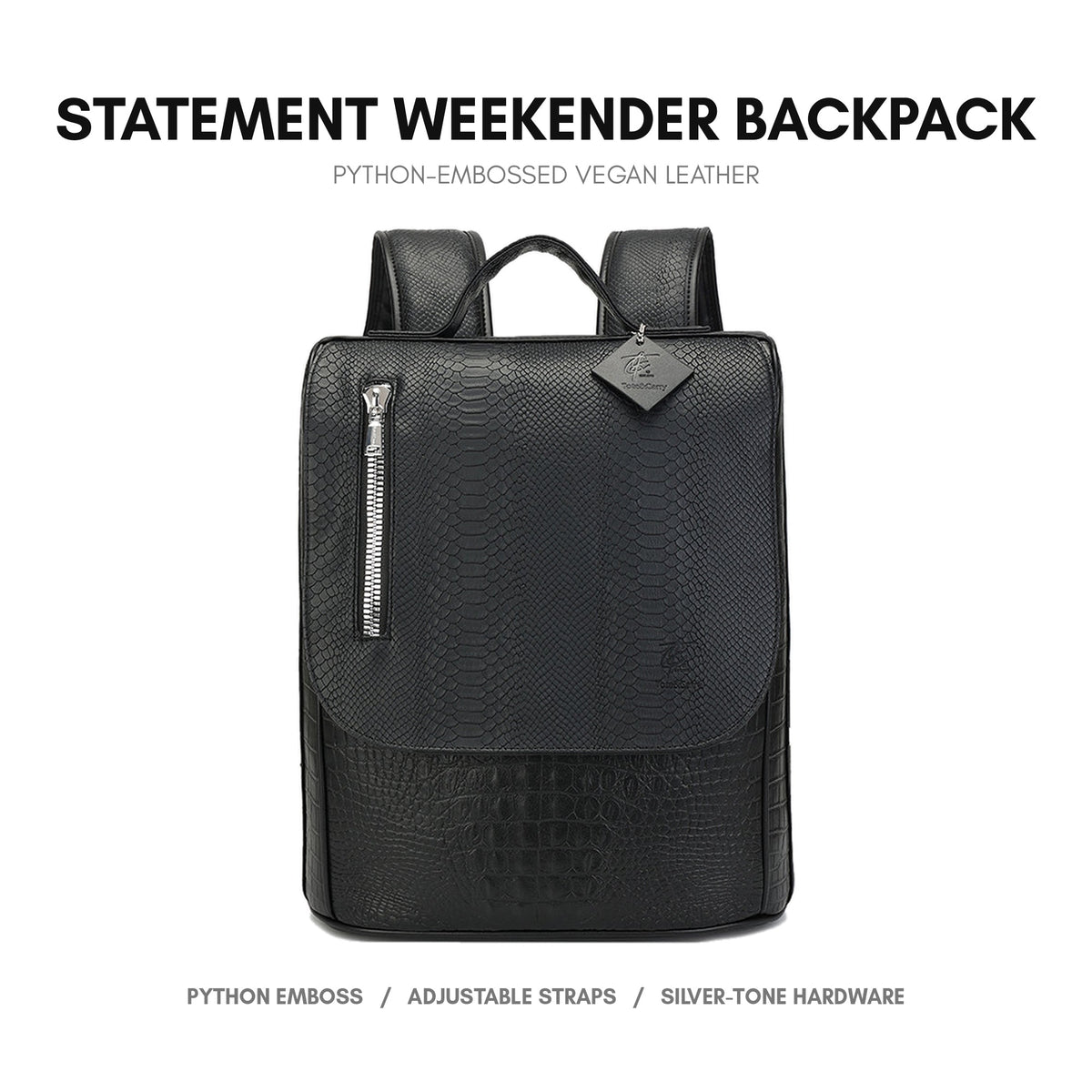 Statement Weekender Backpack in Black - premium vegan leather, python-embossed finish, adjustable padded straps