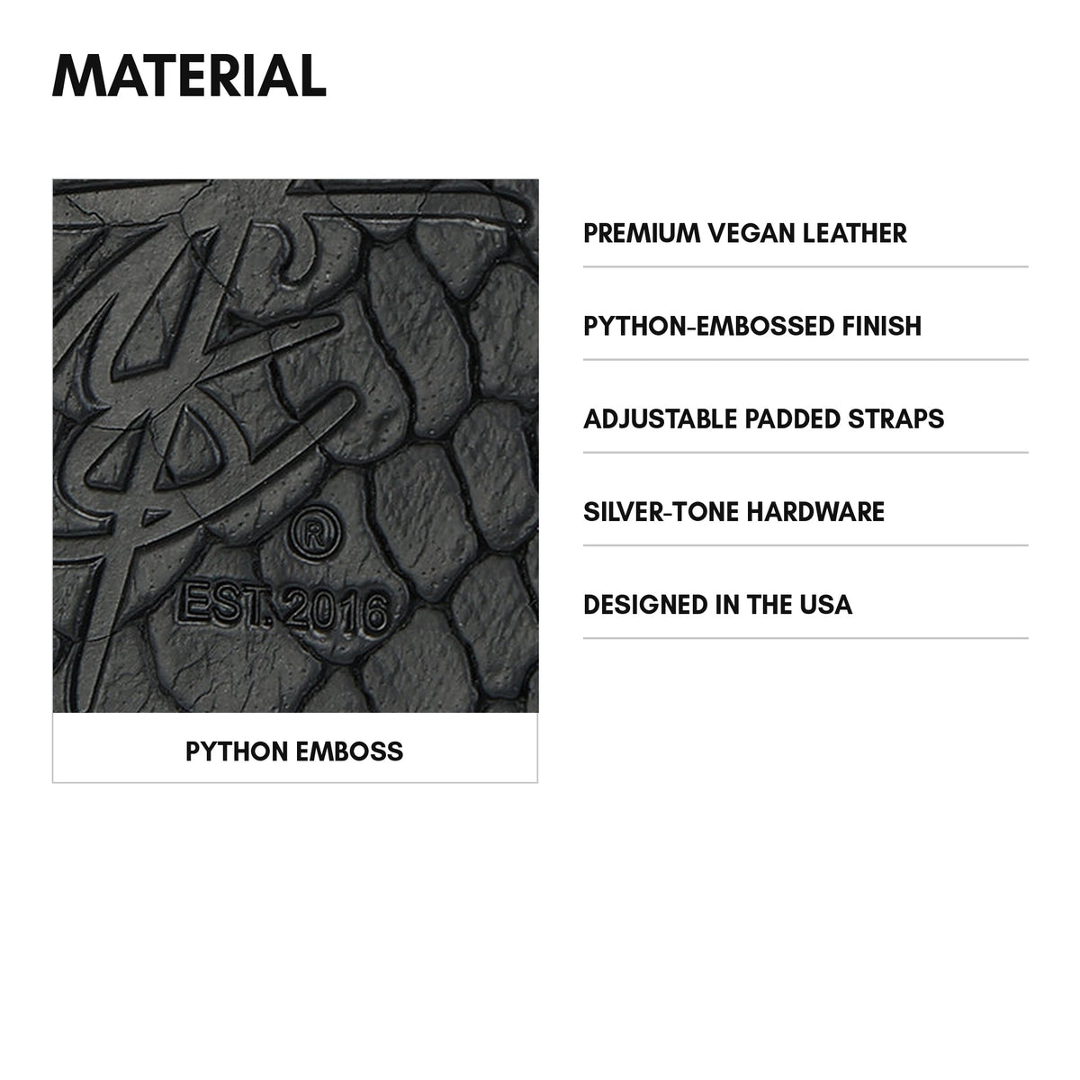 Statement Weekender Backpack in Black - material: premium vegan leather, python-embossed finish, adjustable padded straps