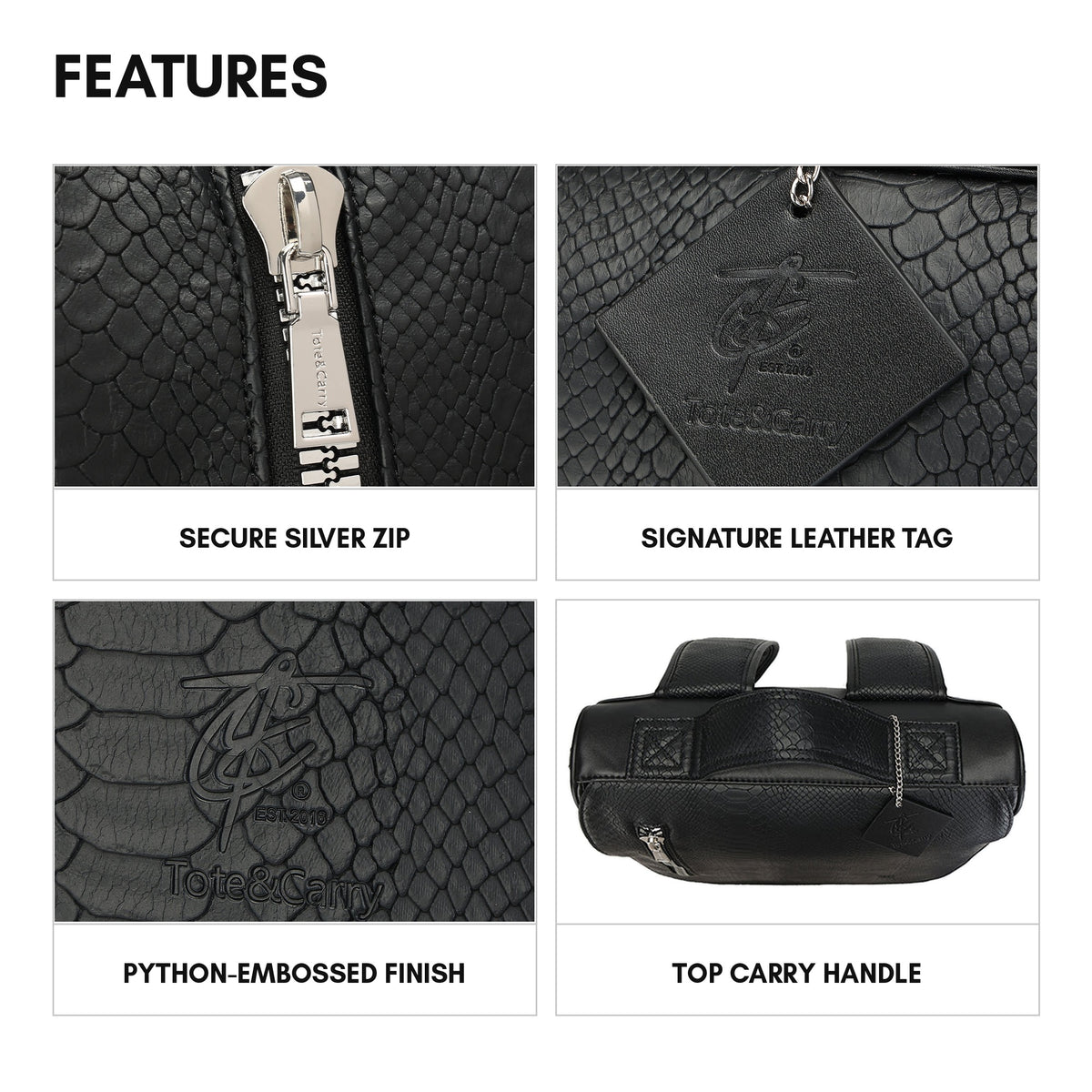 Statement Weekender Backpack in Black - features: secure silver zip, signature leather tag, python-embossed finish, top carry handle