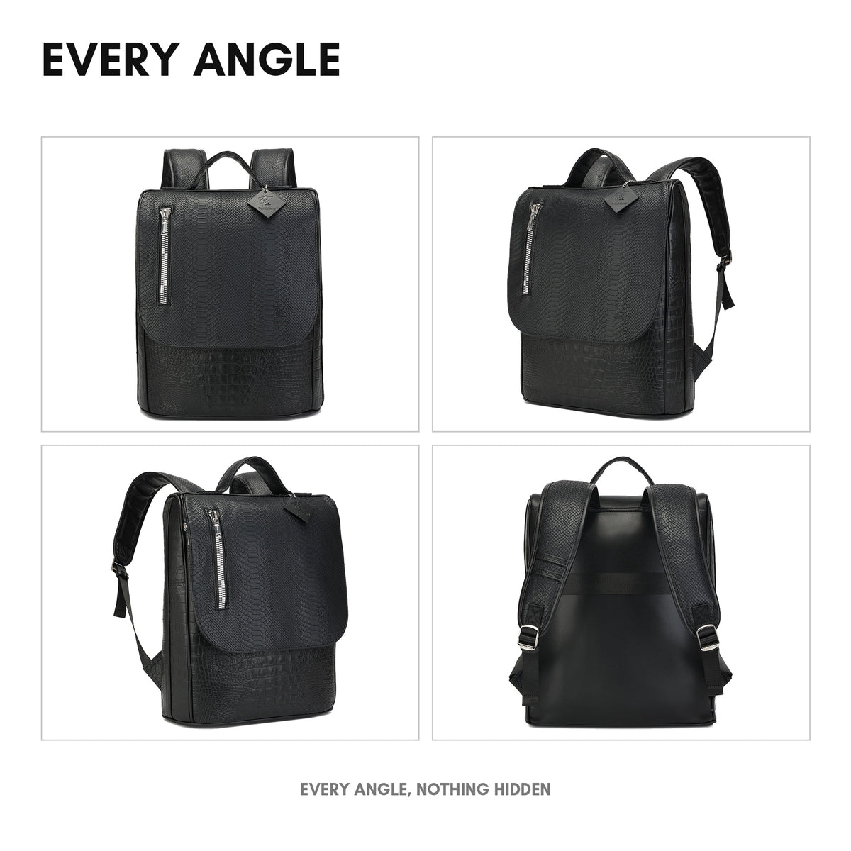 Statement Weekender Backpack in Black - every angle: front, side, back and interior