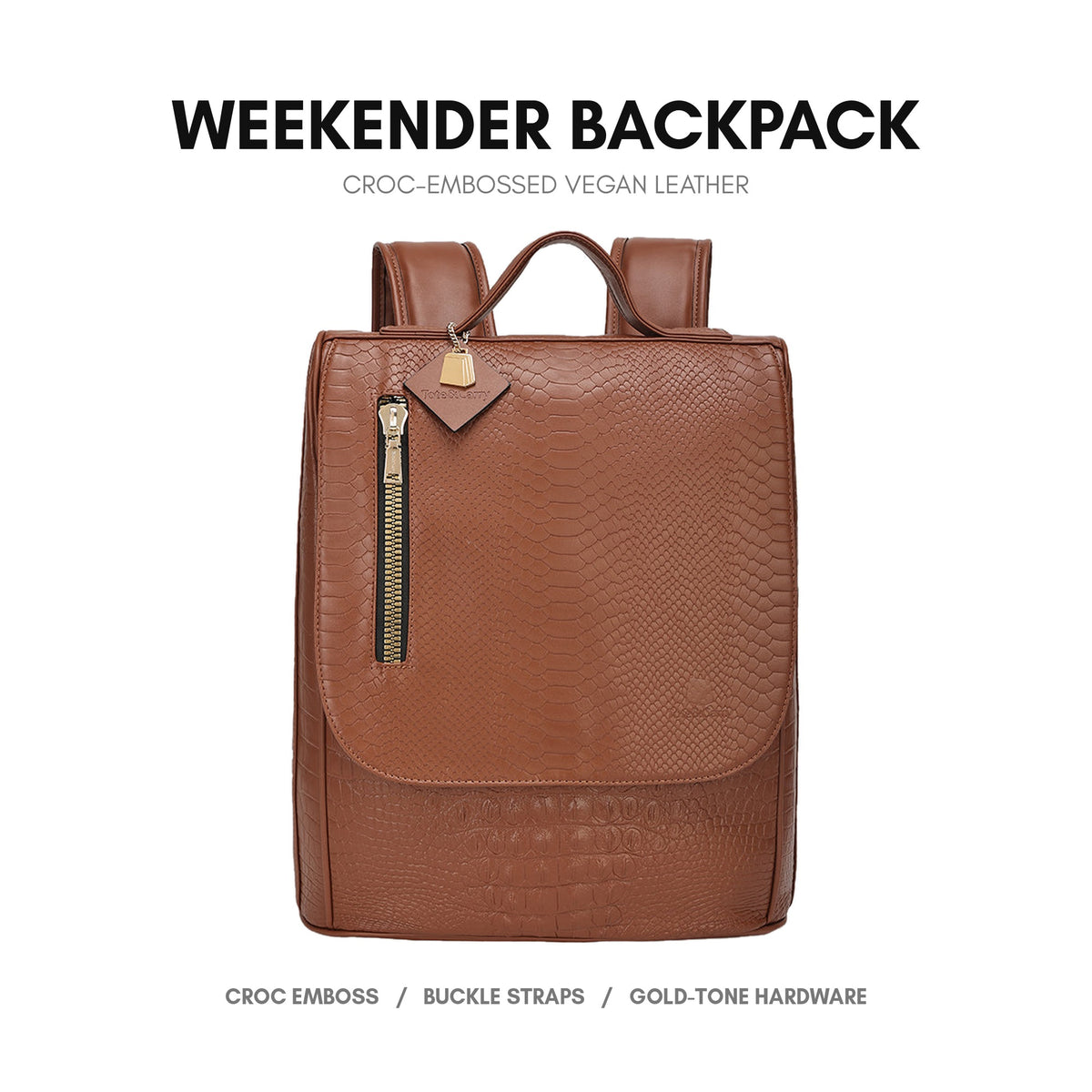 Statement Weekender Backpack in Caramel - premium vegan leather, croc-embossed finish, buckle strap closure