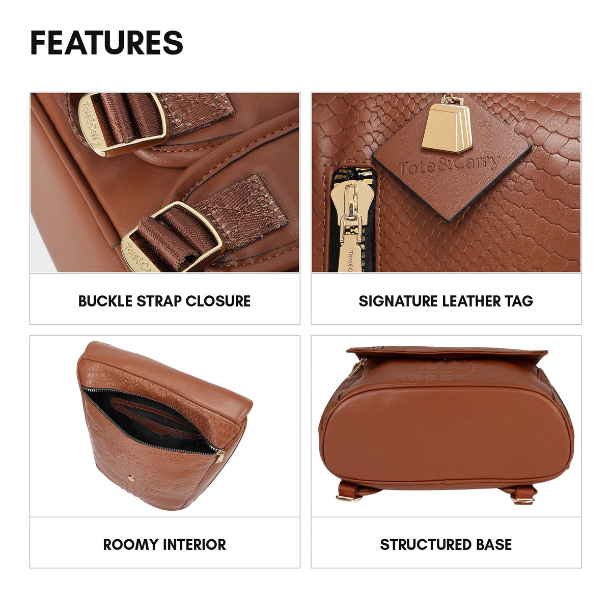 Statement Weekender Backpack in Caramel - features: buckle strap closure, signature leather tag, roomy interior, structured base