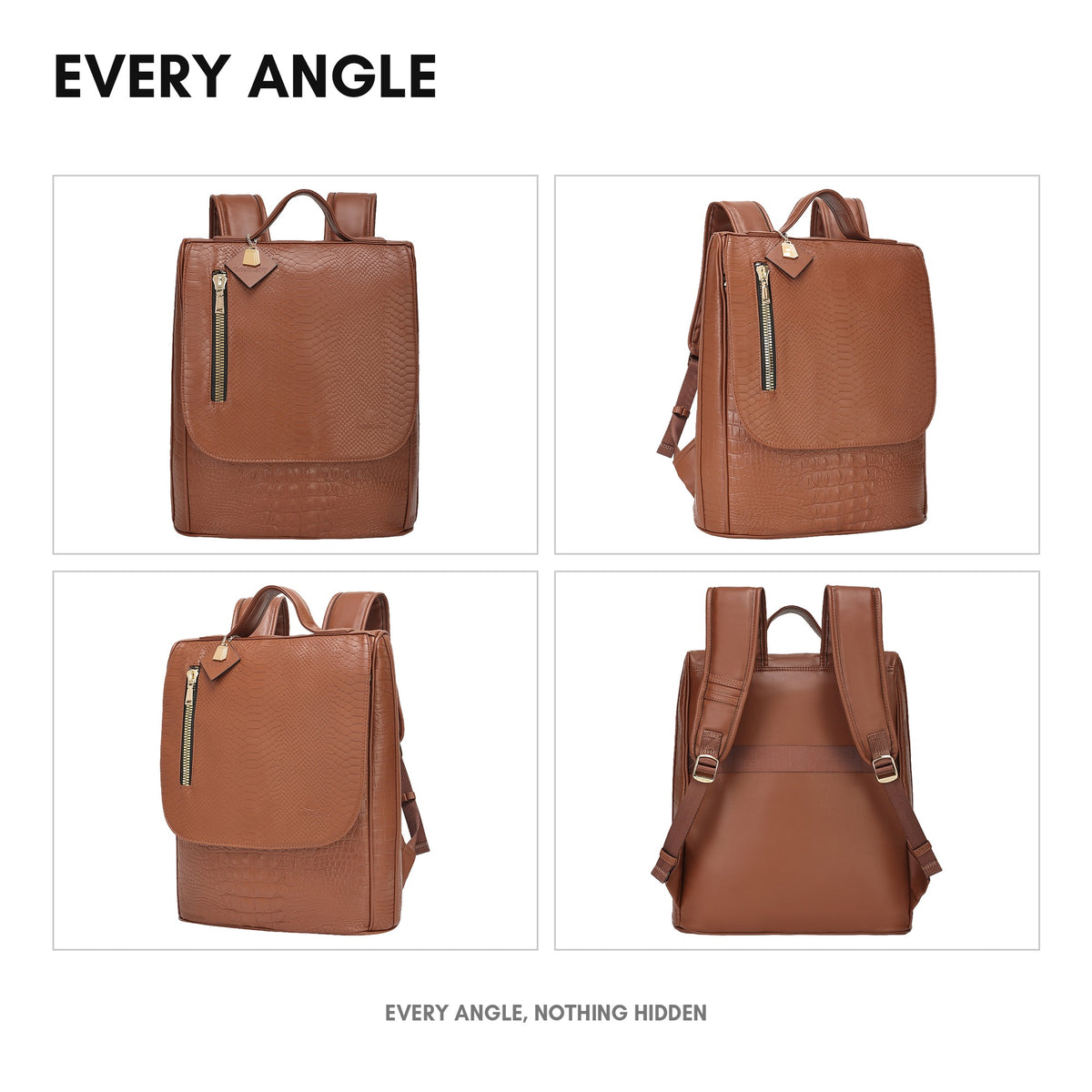 Statement Weekender Backpack in Caramel - every angle: front, side, back and interior