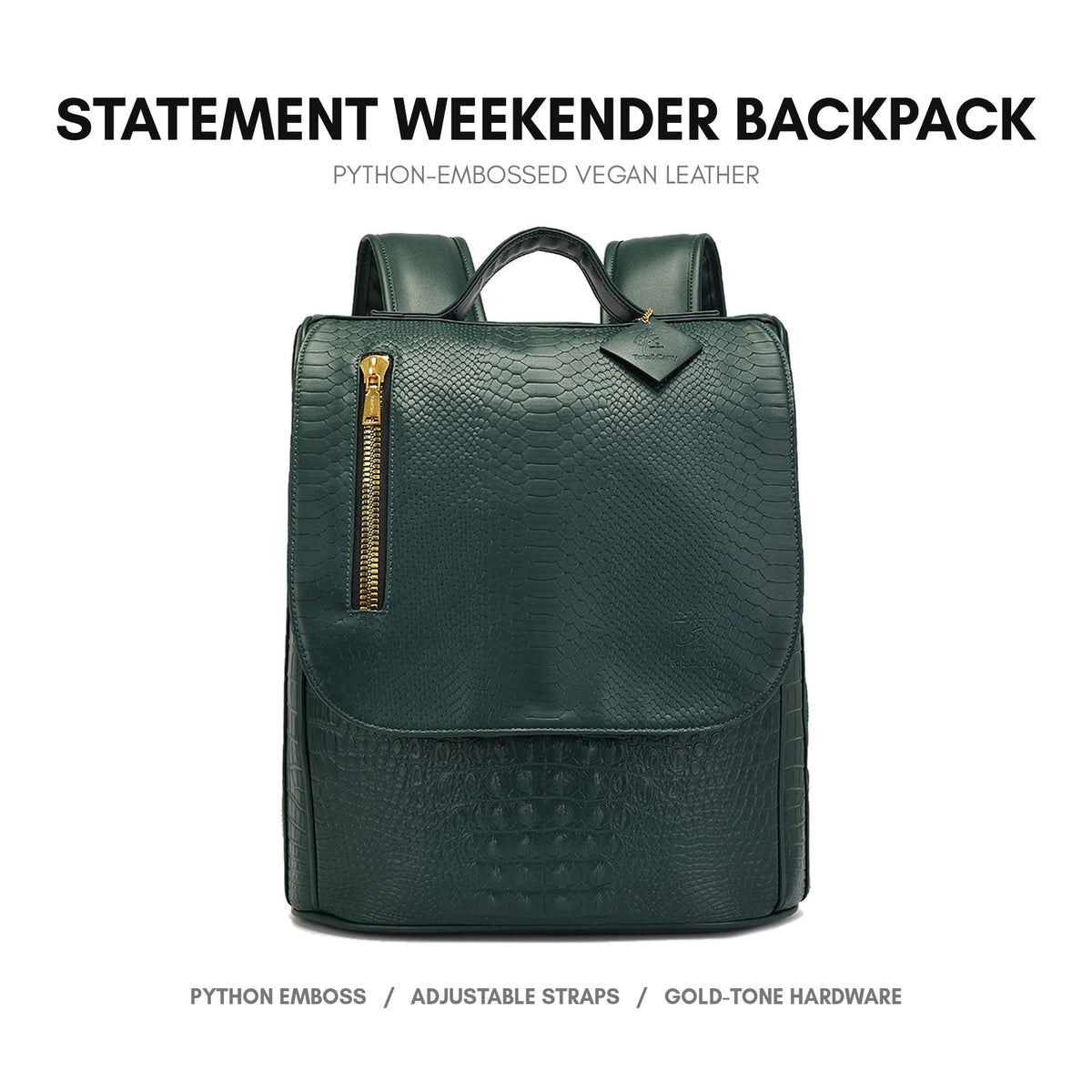 Statement Weekender Backpack in Emerald Green - premium vegan leather, python-embossed finish, adjustable padded straps