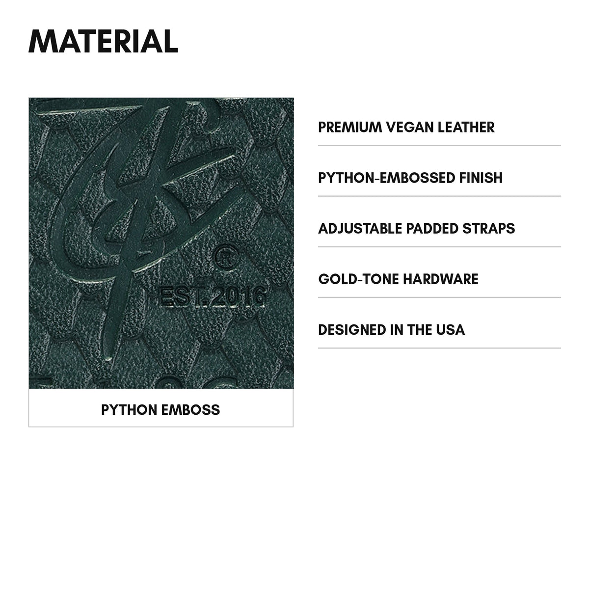 Statement Weekender Backpack in Emerald Green - material: premium vegan leather, python-embossed finish, adjustable padded straps