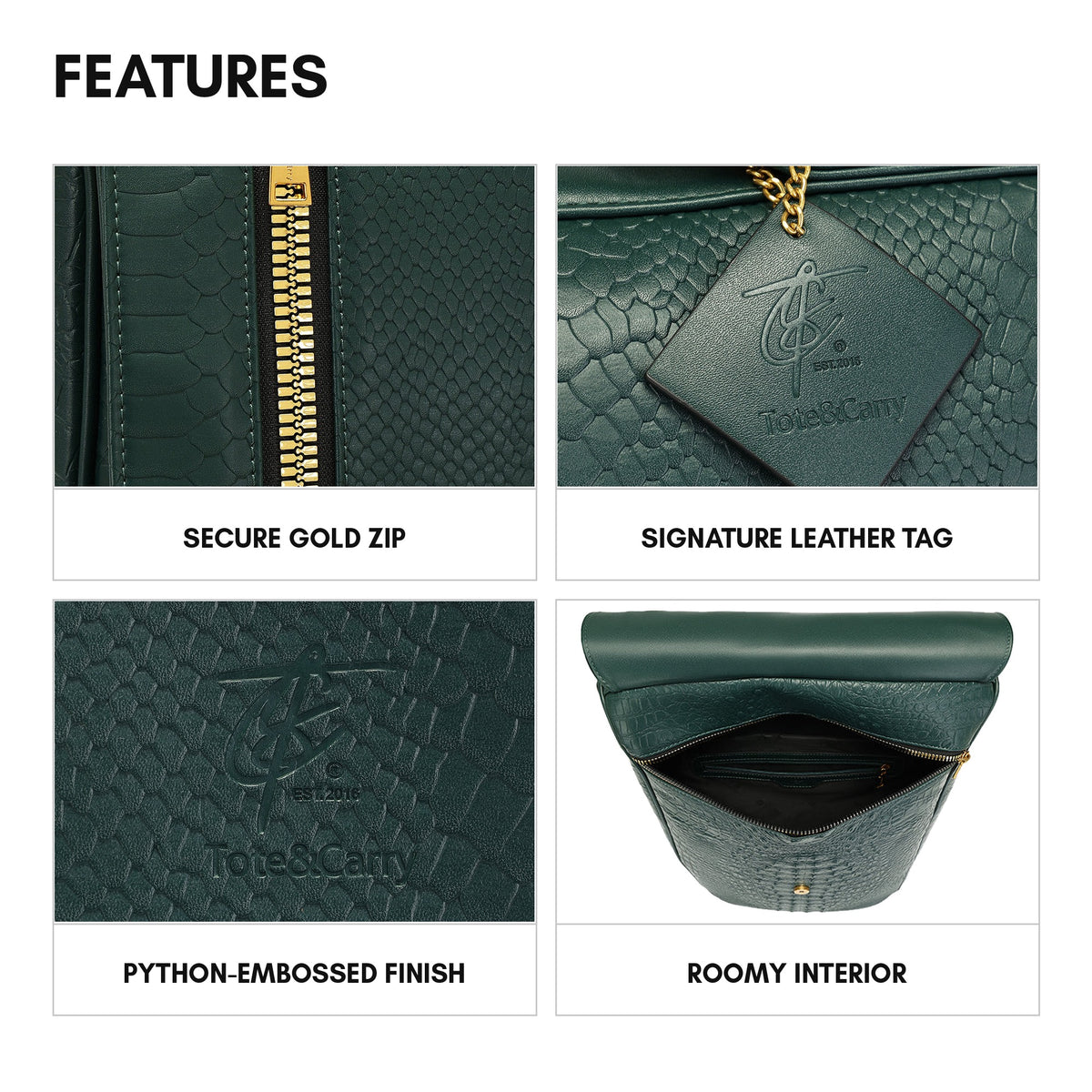 Statement Weekender Backpack in Emerald Green - features: secure gold zip, signature leather tag, python-embossed finish, roomy interior