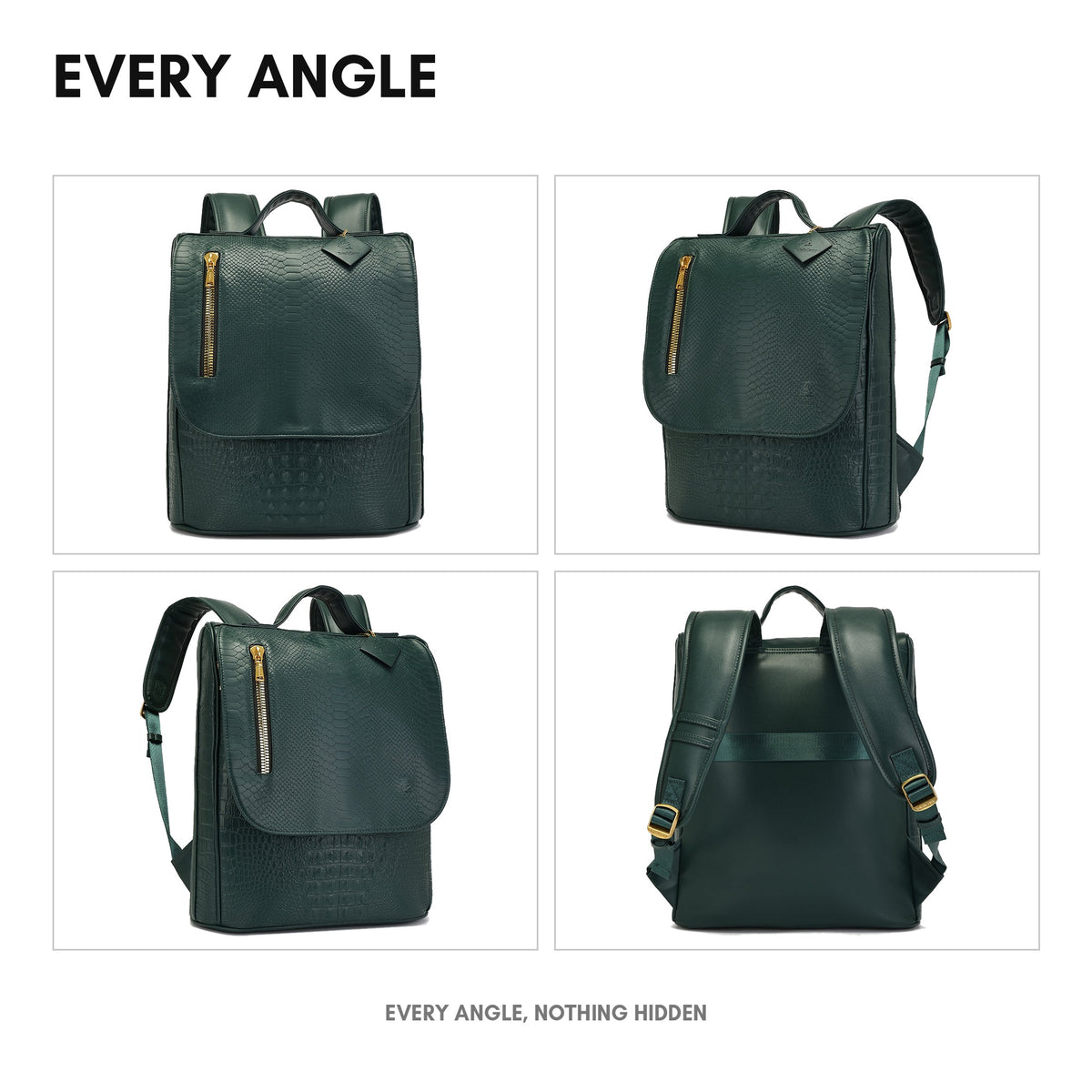 Statement Weekender Backpack in Emerald Green - every angle: front, side, back and interior